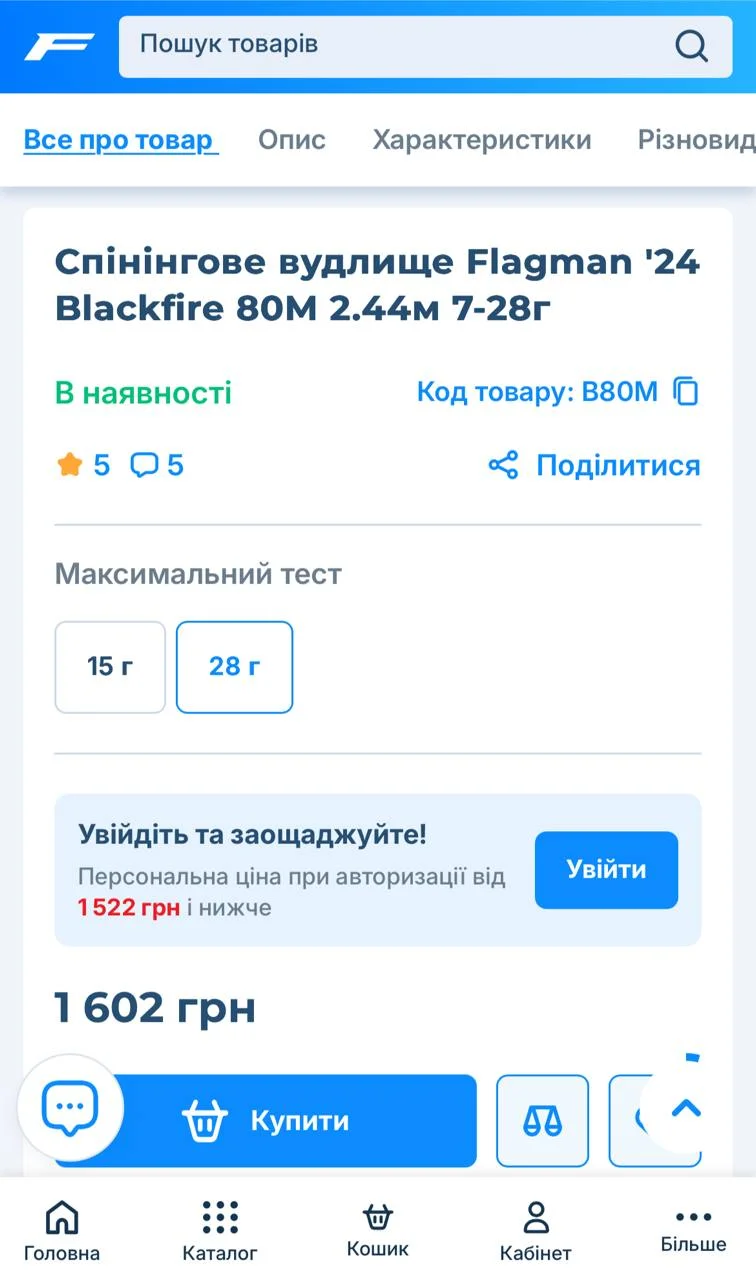 Спінінг Flagman Blackfire 2.44 м 7-28 г